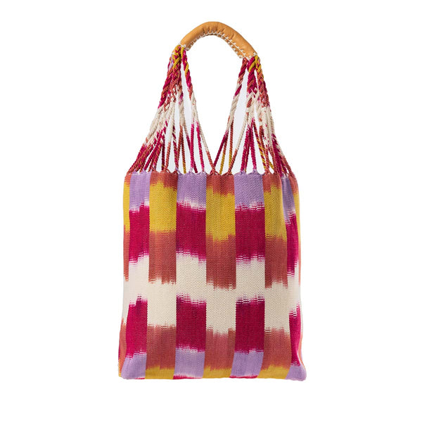 Front of the hand woven artisan Apolonia Tote in Raspberry Paleta. It has multiple woven cords attached to leather handles. It has a flame stitch red, purple, yellow ochre, and white pattern.