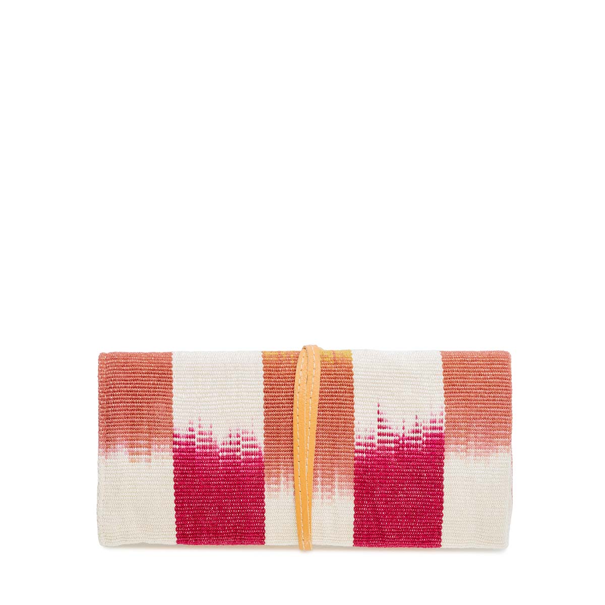 The back of Lilia Jewelry Roll in Raspberry Paleta pattern. It has a flame stitch peach and red look wrapped in a leather cord.