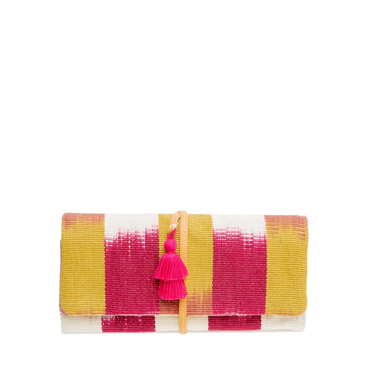 The front of the Lilia Jewelry Roll in Raspberry Paleta color. It has a flame stitch yellow, orange, and red pattern wrapped in a leather cord with a pink tassel.